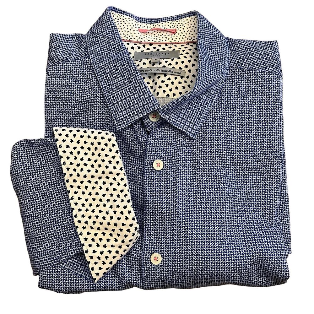 Ted Baker Dress Shirt Mens 5 XL 16.5" Flip Cuff Blue Geometric Print Button Down